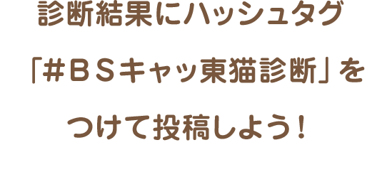 診断結果にハッシュタグ「#ＢＳキャッ東猫診断をつけて投稿しよう！
